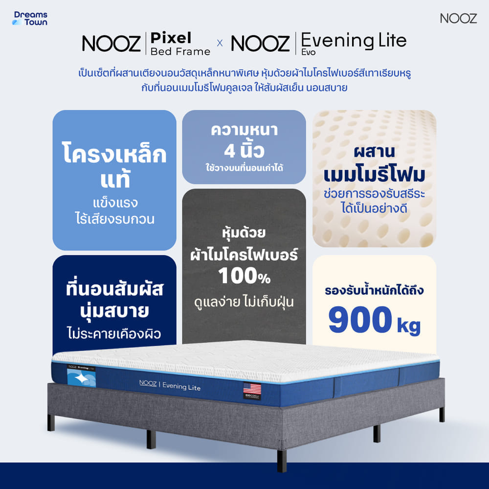 ที่นอนเมมโมรี่โฟม 5 ฟุต NOOZ EVENING LITE EVO  มาพร้อมกับฐานเตียง 5 ฟุต NOOZ PIXEL BED FRAME (ไม่มีหัวเตียง)_6